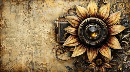 Ornate flower camera graphic design, vintage style, artistic photography