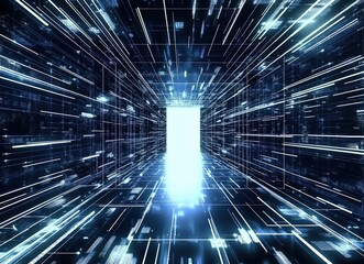 Wall Mural - dynamic light beams accelerating towards an open portal in a futuristic digital realm