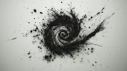 Abstract spiral, black ink splatter on white background, artistic design, potential use in graphic design