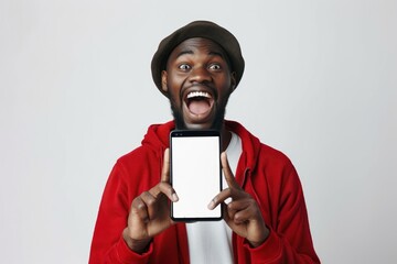 Poster - Portrait of excited black guy holding big smartphone photo electronics photography.