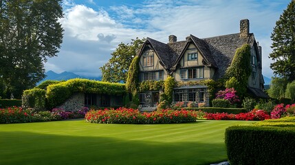 Poster - Picturesque stone house nestled in a vibrant garden with mountains in the background.