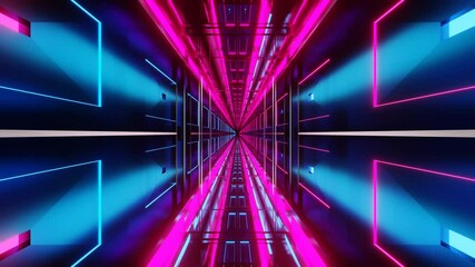 Wall Mural - endless forward movement inside abstract dark corridor with purple blue neon lighting. 3d render looped animation.