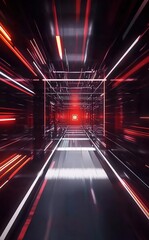 Wall Mural - dynamic red light beams zooming through futuristic tunnel with high-tech visuals