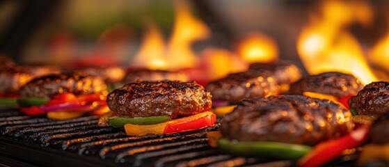 Grilling hamburgers and peppers over a vibrant flame for a delicious barbecue cookout on a summer evening. Outdoor cooking and food photography concept.