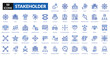 © Zero_wing - Stakeholder blue icon collection set. Includes collaboration, partnership, influence, engagement, responsibility, expectation, feedback, impact, alignment, network, negotiation, leadership, community