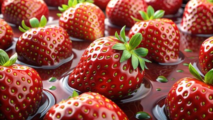 Wall Mural - Luscious Strawberries Flowing on a Glaze - Delicious Stock Photo