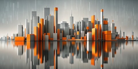 Wall Mural - minimalist gray & orange abstract cityscape reflection in calm water - stock photo