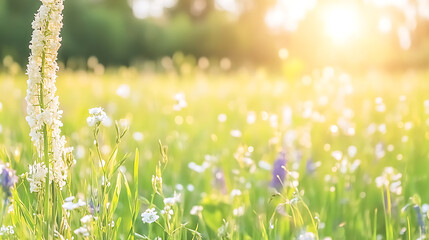 Wall Mural - Serene Field of Flowers under Warm Sunlight and Hazy Sky Spring Meadow Landscape in the Sunshine