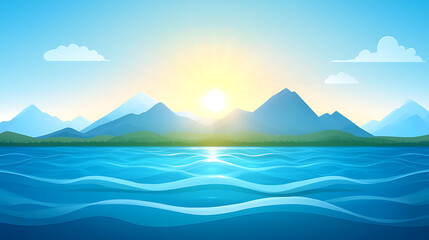 Canvas Print - Serene Lake Sunrise Reflecting Mountains and Sky in Tranquil Waterscape Vector Illustration