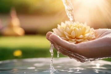 Gentle hands pouring water over lotus flower, symbolizing purity