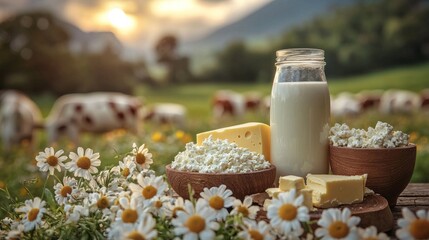 Wall Mural - Freshly produced dairy products include a bottle of milk, cottage cheese, and butter amidst vibrant daisies