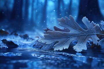 Wall Mural - Frost-covered oak leaves rest on a calm, blue stream in a mystical winter forest.