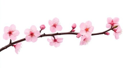 Delicate pink cherry blossom branch with flowers and buds against a clean white background