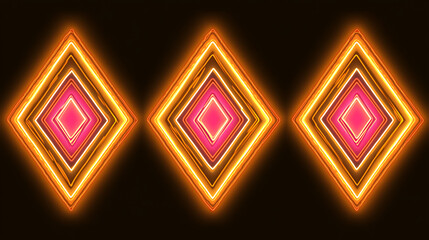 Wall Mural - Three Glowing Diamond Shapes Arranged in a Row with Electric Edges and Vibrant Pink Centers