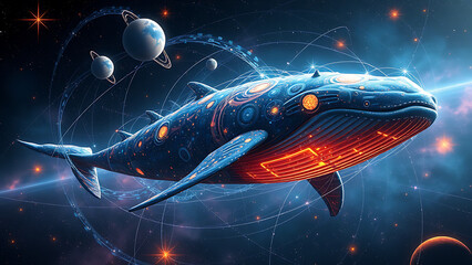 Wall Mural - A 4D cosmic whale swimming through a galaxy, surrounded by glowing stars and planets