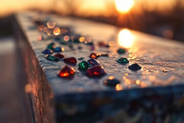 Poster - Colorful gemstones scattered on a surface, illuminated by the warm glow of a setting sun.