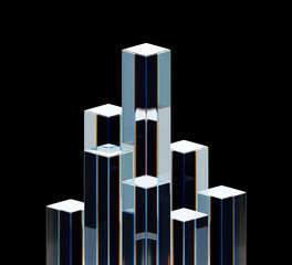Abstract 3d black background wallpaper with glass transparent pillars and colorful light iridescent neon holographic gradient. Crystal square columns, render digital tech banner. 3D illustration