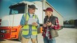 © VAKSMANV - Caucasian woman and male standing next to each other. Man listening to female trucker talking after finishing delivery to requested location. Filling in data on notebook. Truck in background.