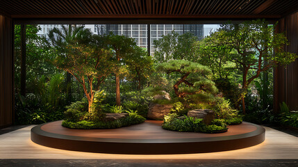 Canvas Print - Tranquil Interior Garden Display with Trees and Lush Greenery Showcase Beneath a Modern Wood Ceiling