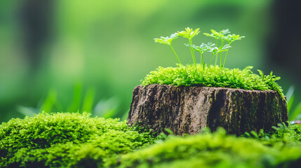 Wall Mural - Tree Stump Covered in Moss with Sprouts Under Soft Light in Green Forest Environment Growth Scene