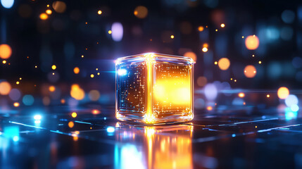Wall Mural - Glowing cube with bokeh lights on reflective surface. Future technology