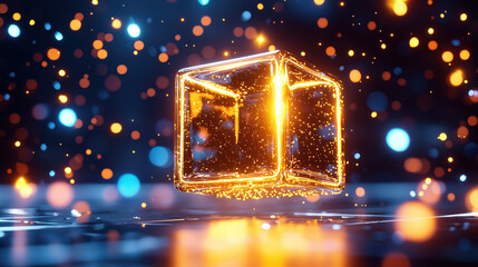 Wall Mural - Floating light cube with particles on dark background. Blockchain concept