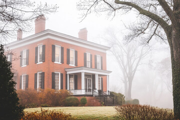 Wall Mural - Historic Federal-style house in a foggy 1800s rural setting