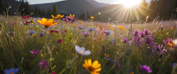 Wall Mural - An idyllic meadow filled with colorful wildflowers dancing in the gentle breeze evoking feelings of freedom and the luxury of nature