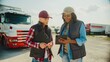 © VAKSMANV - Two women talking outside. Sun shining bright in background. Busy atmosphere at distribution center. Trucker showing data on tablet device while smiling. Manager saying words of encouragement.