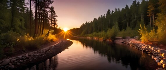 Wall Mural - Breathtaking sunset over a lazy river winding through the forest inviting peaceful moments of reflection amidst nature