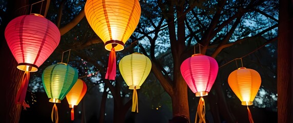 Wall Mural - Colorful paper lanterns hanging from trees at a nighttime festival creating a magical atmosphere of celebration and joy