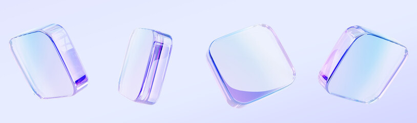 holographic iridescent glass square plate shapes 3d render icon set. isolated pearlescent rainbow cu