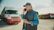 © VAKSMANV - Handsome Caucasian man talking on smartphone with someone while resting during pit stop. Trucker drinking hot drink on cold morning. Wearing warm jacket and baseball cap. Lorry in background.
