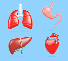 Wall Mural - 3d human internal organs, heart, liver, lungs and stomach. Body anatomy, health and medical concept for cardiology, hepatology, pulmonology, gastroenterology. Cartoon render icon set. 3D illustration