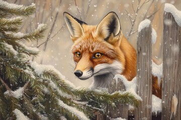 Wall Mural - A red fox, peeking through a snow-covered fence in a winter wonderland.