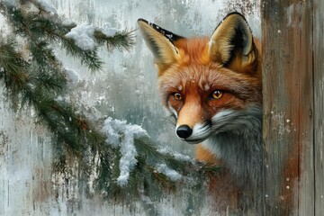 Wall Mural - A red fox peeks from behind a snow-covered pine branch and weathered wood, winter scene.