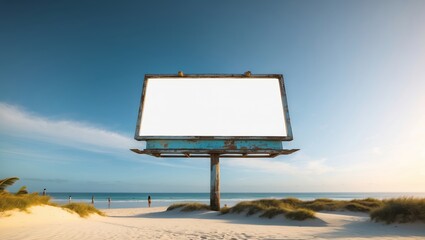 Wall Mural - empty billboard stands alone on a sandy beach under a clear sky during sunset hours