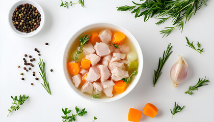 Wall Mural - Chicken and vegetables broth or soup isolated on white background, top view, copy space. Homemade healthy meal - cooking fresh chicken or turkey soup