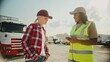 © VAKSMANV - Positive female truck driver listening to colleague asking questions. Going through vehicle inspection. Lorry in background waiting for service. Fixing possible issues before continuing driving.