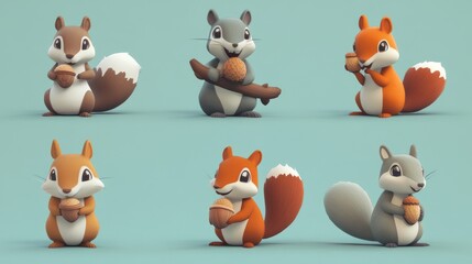 49.A set of six playful squirrel cartoon icons, each showcasing unique poses such as holding an acorn, climbing a branch, and sitting with a nut, designed with bright flat colors.