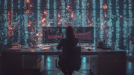 Woman programmer coding at night, large screen displays data streams.