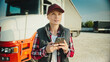 © VAKSMANV - Beautiful Caucasian woman standing next to her truck while using mobile phone. Typing on screen with fingers. Browsing social media or texting with friends online. Socializing remotely.