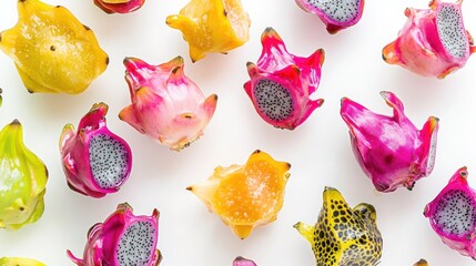 Wall Mural - Colorful dragon fruit halves, flat lay, white background, healthy food