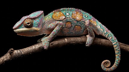 Wall Mural - Colorful chameleon resting on a branch in a natural environment during daylight hours