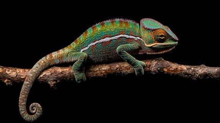 Wall Mural - Colorful chameleon perched on a branch against a black background showcasing vibrant details of its skin