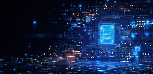 A computer chip is shown in a blue and orange light