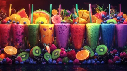 Wall Mural - Rainbow fruit smoothies, vibrant fruits, dark background, healthy food, advertising