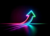 Vibrant neon arrow pointing upwards on a black background, emitting colorful light trails below. A glowing symbol of growth and direction, casting a reflection on a dark surface.