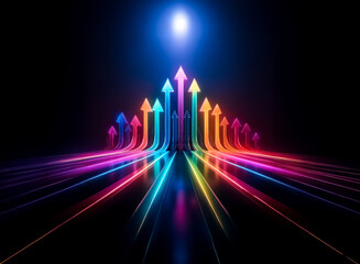 Wall Mural - Neon arrows pointing upwards illuminate a dark backdrop. Bright, vibrant lights radiate from the arrows, conveying direction and forward motion.