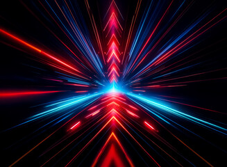 Wall Mural - streaking red and blue light rays converge to a bright point, forming an arrow shape on a dark backg
